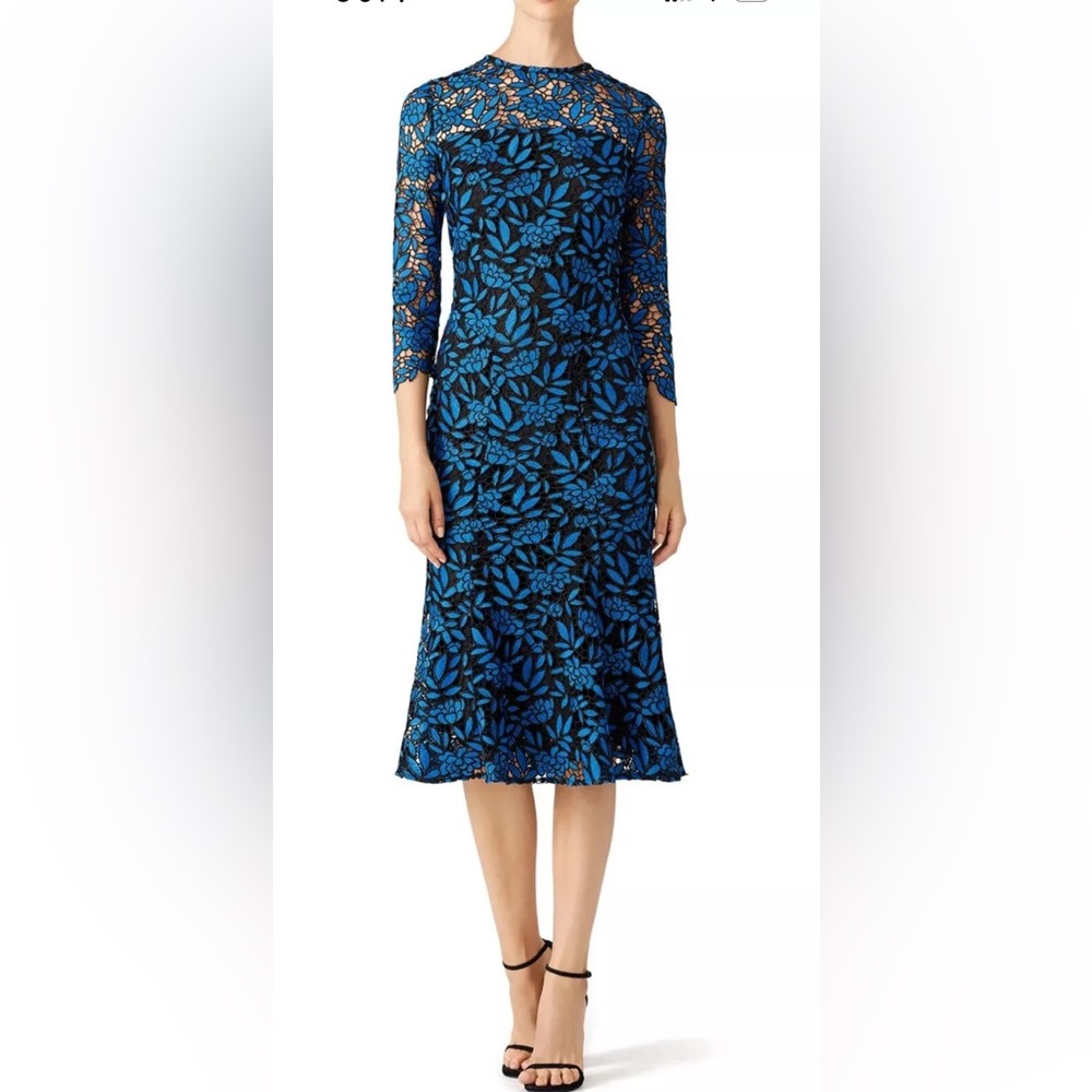 Shoshanna Guipure Black & Blue Floral Lace Dress sleeves Sz 2 Anthropologie $525